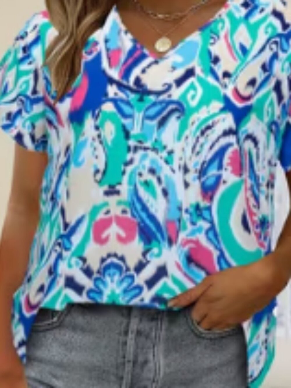 Plus Size Boho T-shirt, Women's Plus Paisley Print Short Sleeve